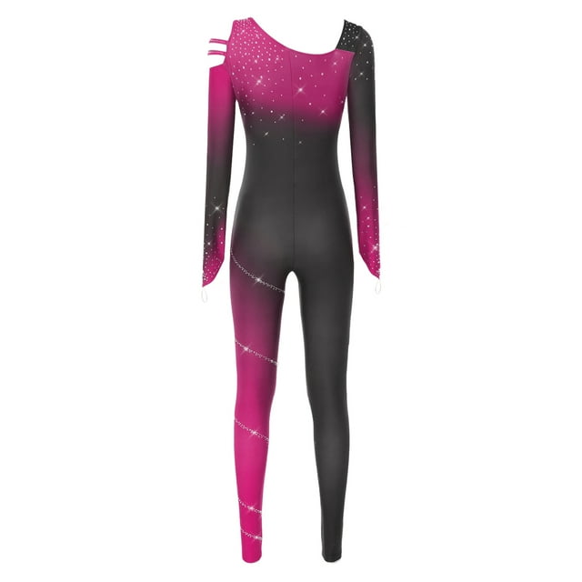 Fldy Women's Gradient Color Block Rhythmic Gymnastics Leotard Figure Skating Jumpsuit Full Body Unitards Rose Red XXL