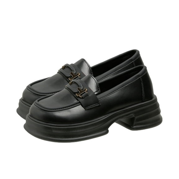 Lovskoo Women's Dress Leather Shoes British Style Small for 2024 Spring Thick-Soled Platform Loafers Vintage Foolproof Shoes Black