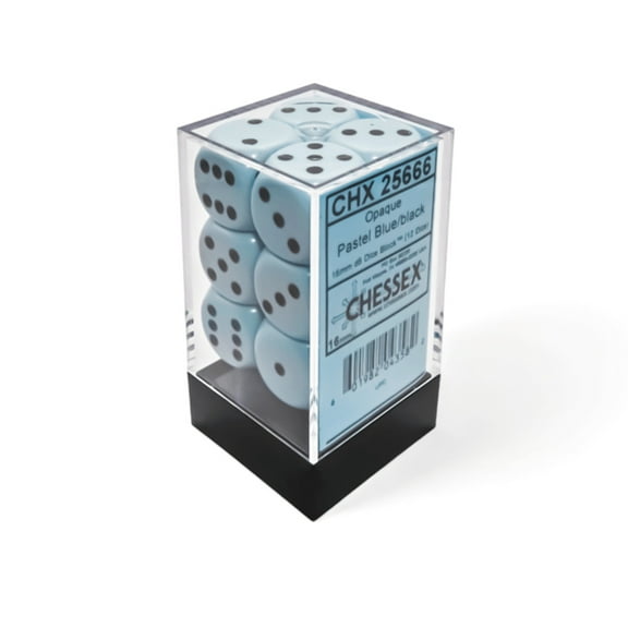 Chessex: Opaque Pastel Blue/Black 16mm d6 Dice Block (12 Dice)