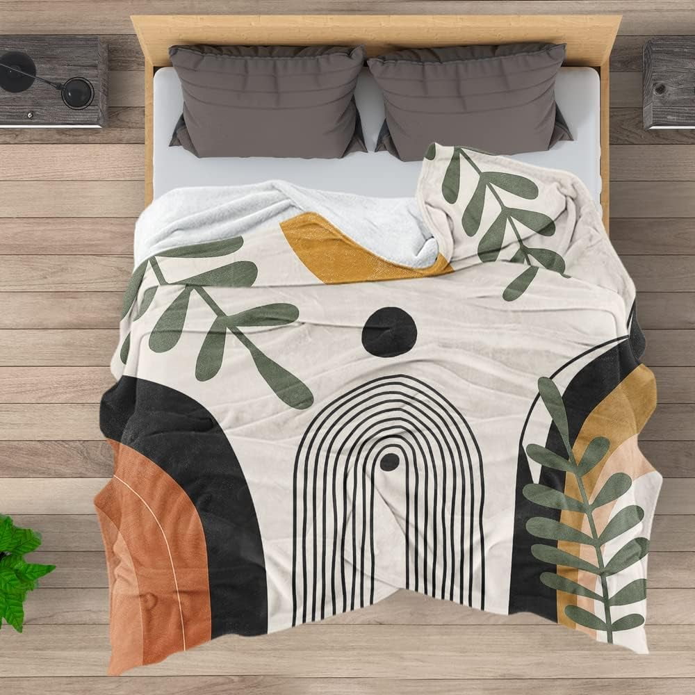 Abstract Modern Throw Blanket Boho Minimalist Mid Century Sun Aesthetic Soft Warm Bed Bedding Women Blankets for Couch Bedroom Sofa Office Cozy Flannel Blanket Orange Beige Black,60"X80"