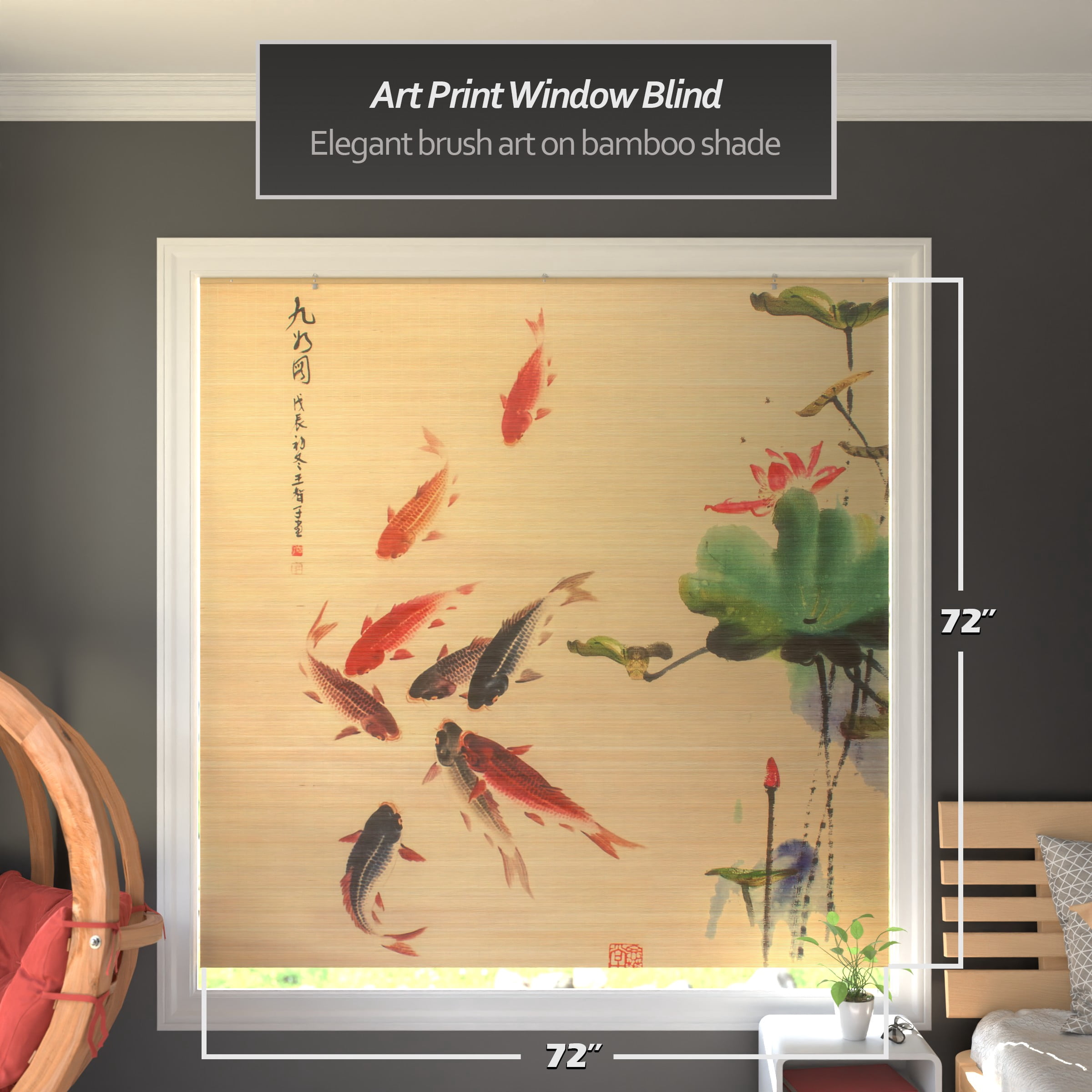 Red Lantern Bamboo Window Shade Blind - Koi Pond 72" W