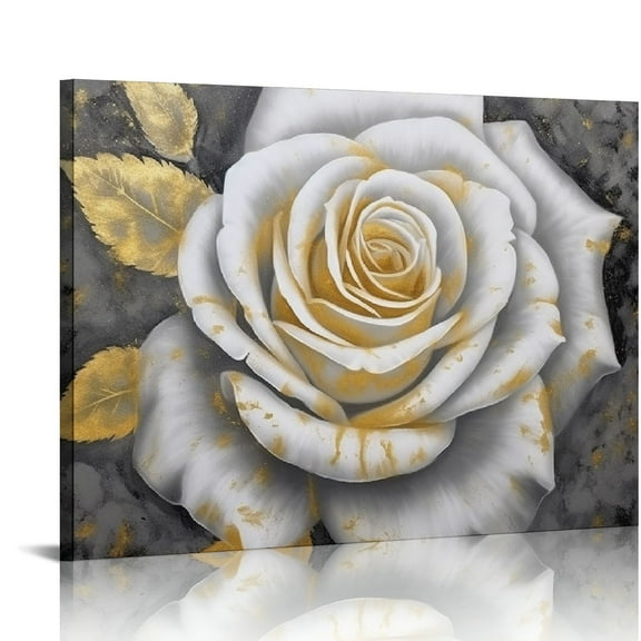 JRXY Grey Floral Canvas Wall Art - Abstract Rose Paintings with Gold Foil - Modern Square Flower Pictures for Living Room Bedroom Bathroom Decor 20x16in