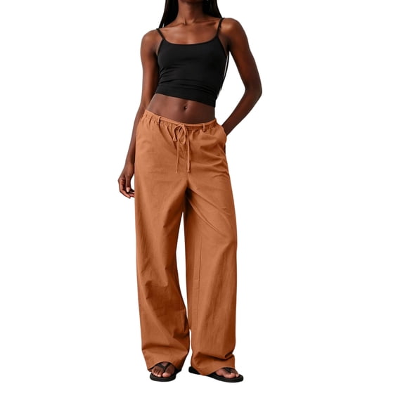 Sewkxo Womens Linen Palazzo Pants Drawstring Elastic Waist Casual Wide Leg Trousers with Pockets,Saffron S