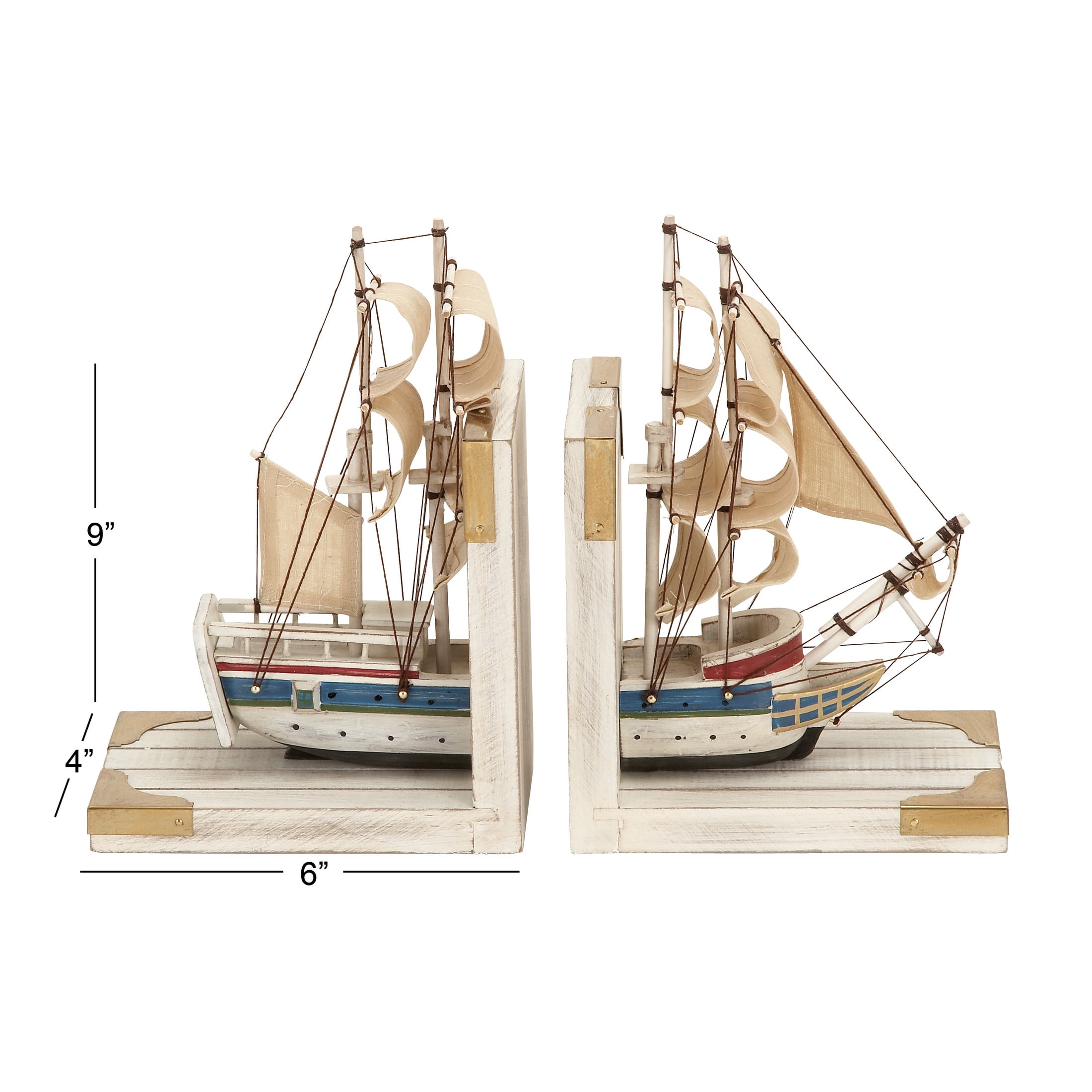 DecMode 6" Sail Boat White Wood Bookends with Real Boat Rigging and Gold Corners (Set of 2)