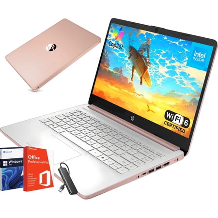 HP 2025 New Student Business Laptop, Intel N150 CPU(Beats N4120), 14 Inch LED, 16 GB RAM, 384 GB Storage(128GB UFS+256GB MSD), Wi-Fi 6, Copilot AI, Office Pro Lifetime, Windows 11 Pro, Pale Rose Gold