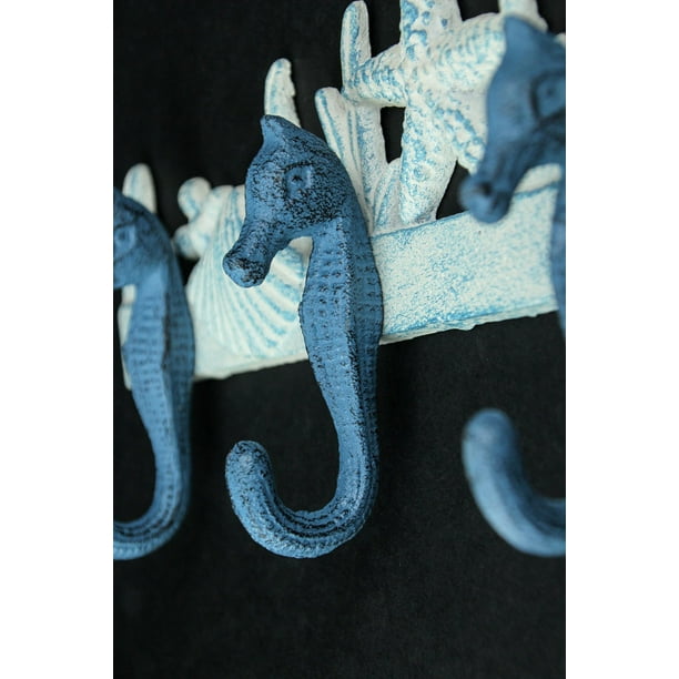 Zeckos Enchanting Blue And White Cast Iron Seahorse Nautical Sea Life Decorative Wall Hook, Towel Hanger Or Coat Rack - Perfect Beach Home And Coastal