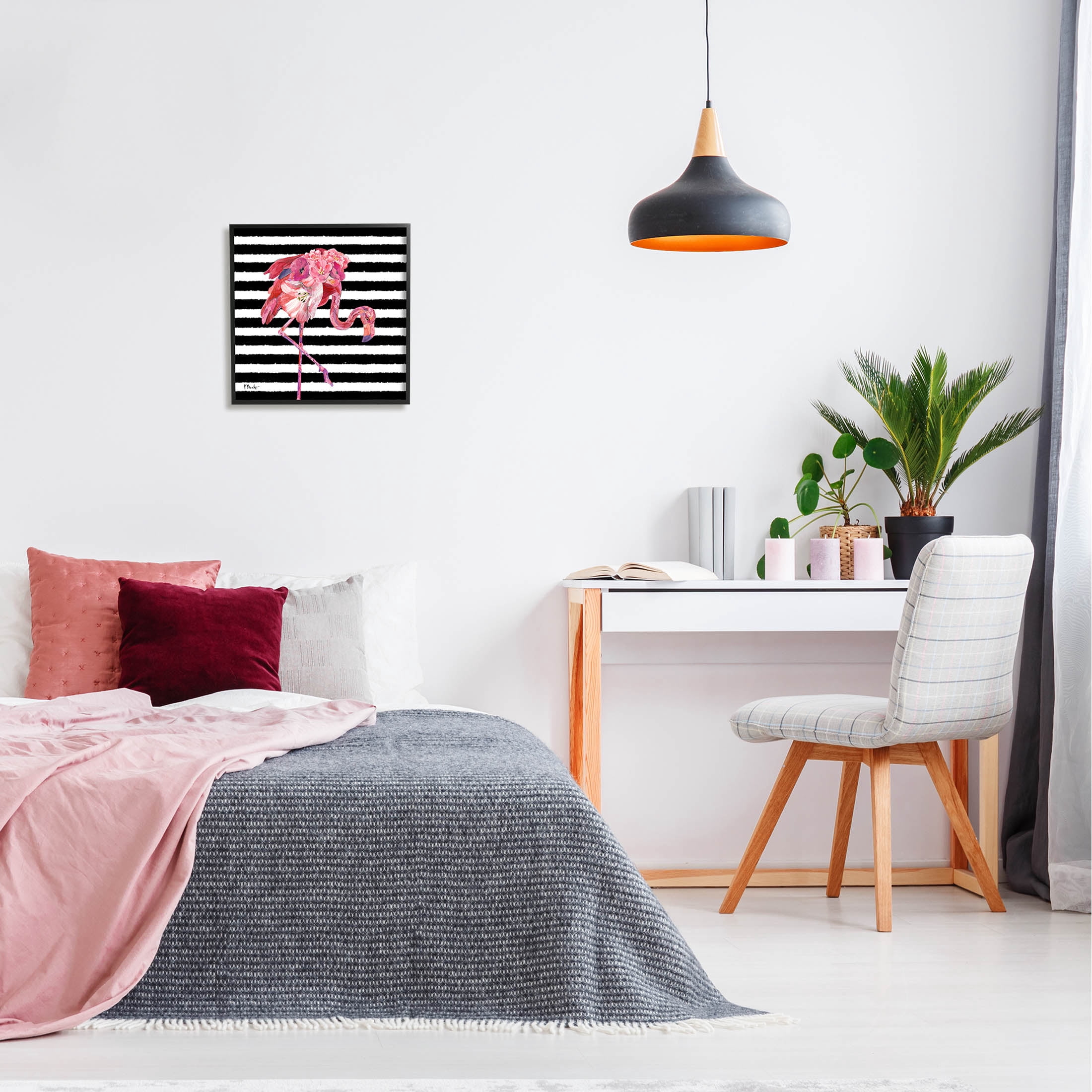 Floral Stripes Flamingo Bird Animals & Insects Graphic Art Black Framed Art Print Wall Art
