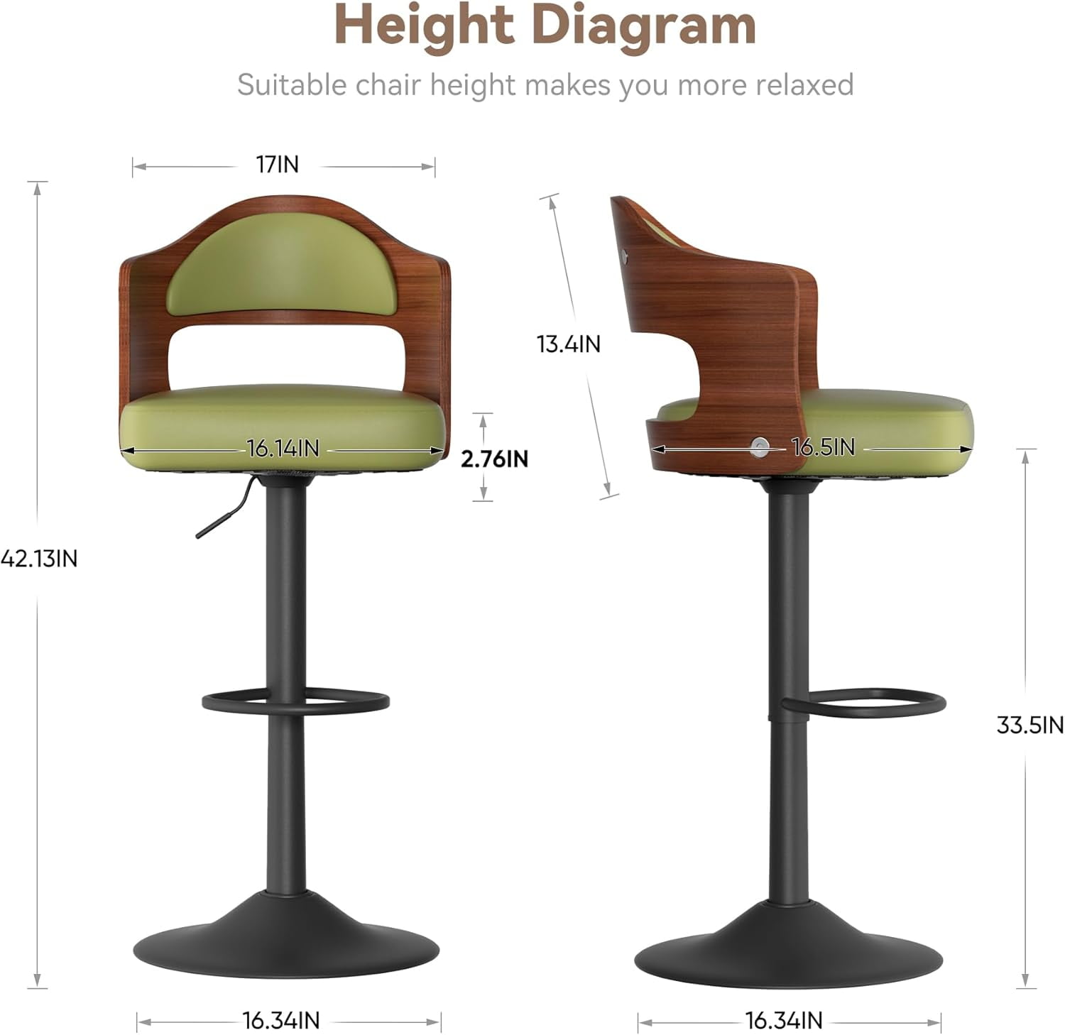 Hawsaiy Wooden Bar Stools Set of 2, Adjustable Height 24.5-33.5IN, Wooden Bar Chairs with PU Leather Upholstery, Back & Footrest for Kitchen, Dining, and Home Bar