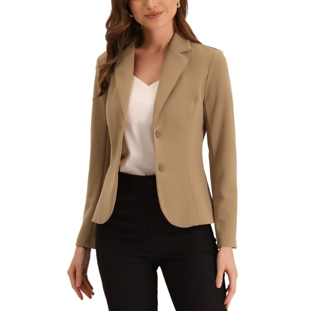 BLAZER DE TRABAJO PARA MUJERES INSPIRE CHIC CON SOLAPA Y MANGAS LARGAS, TRAJE BLAZER EN KHAKI PROFUNDO, TALLA 2XL