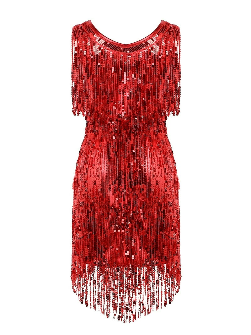 1920s skater dress Renvena Women Sparkle Sequins Tassel Dress 1920s Ballroom Tango Latin Samba Figure Skater Dance Costume, Women's, Size: Medium, Red