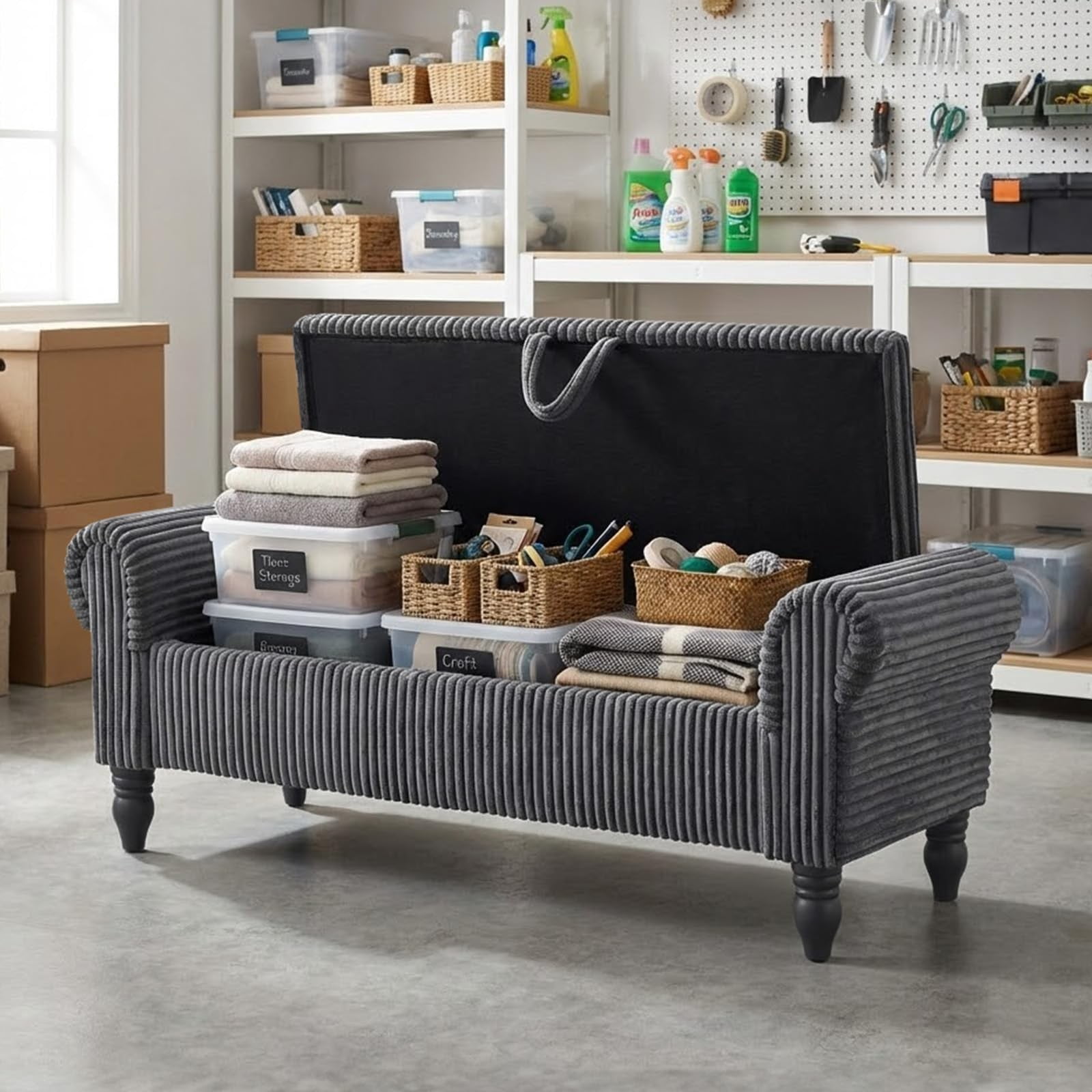 51.5" Storage Ottoman Bench, Upholstered Corduroy End of Bed Bench with Hidden Storage for Bedroom, Entryway & Living Room, Dark Gray