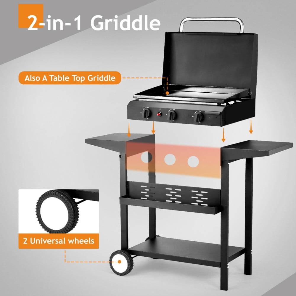 IVV 3-Burner Propane Gas Flat-Top Griddle with Side Shelves, Spice Rack and Rolling Wheels, 30,000 BTU Flat Top Cooking Station for Outdoor Camping or Tailgating, Black
