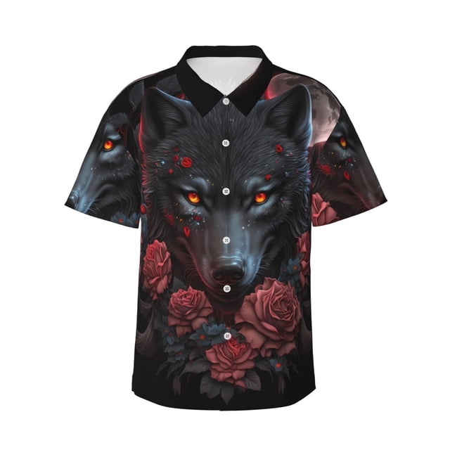 Fotbe Rose Full Moon Black Wolf Camisa Hawaiana para Hombre Unisex – Camisa Casual de Verano con Botones de Manga Corta de Algodón y Lino,Small