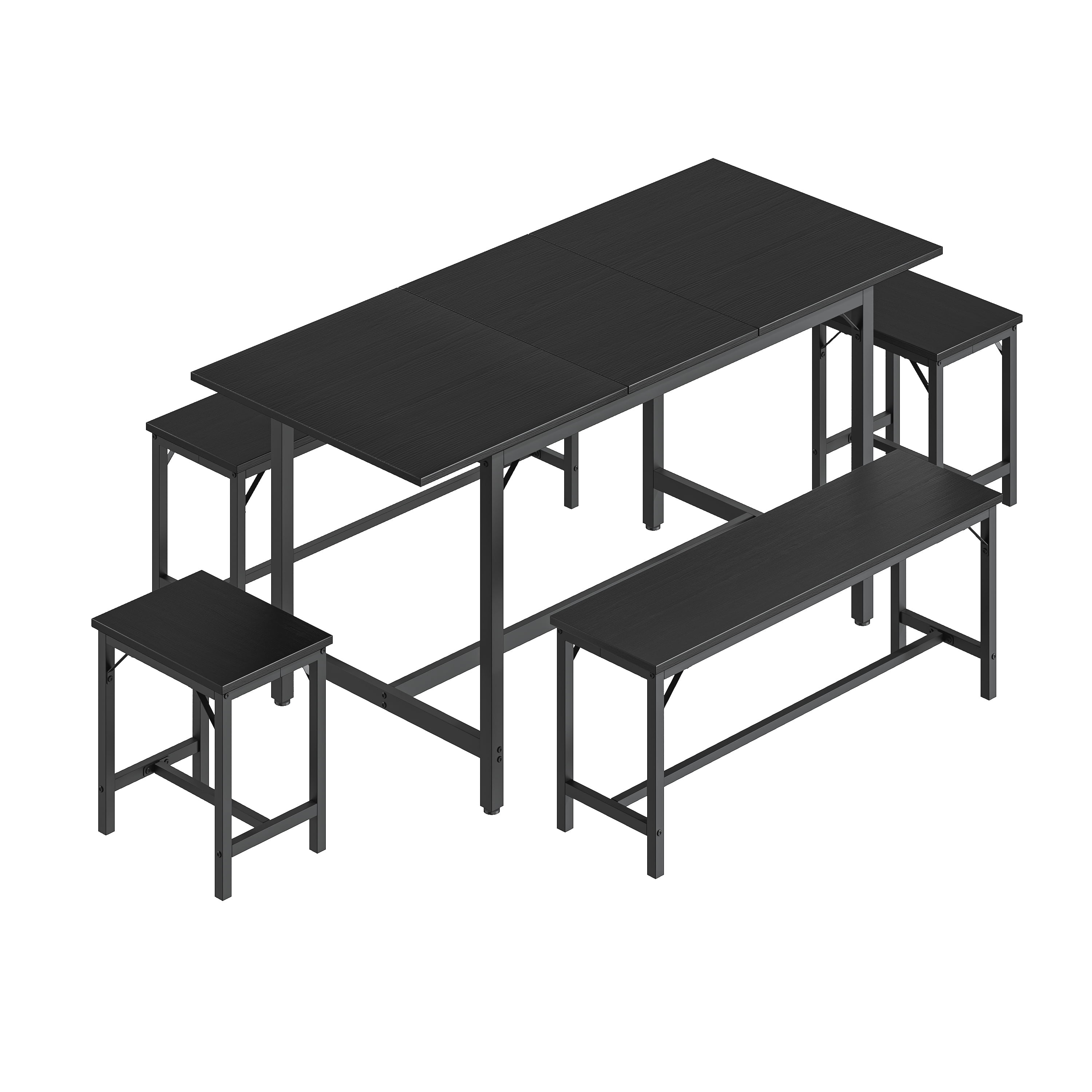 Aukfa 63" Extendable Dining Table Set for 4-8, 3-Piece Kitchen Table Set with 2 Benches & 2 Stools, Space Saving Wood Table & Metal Frame,Black