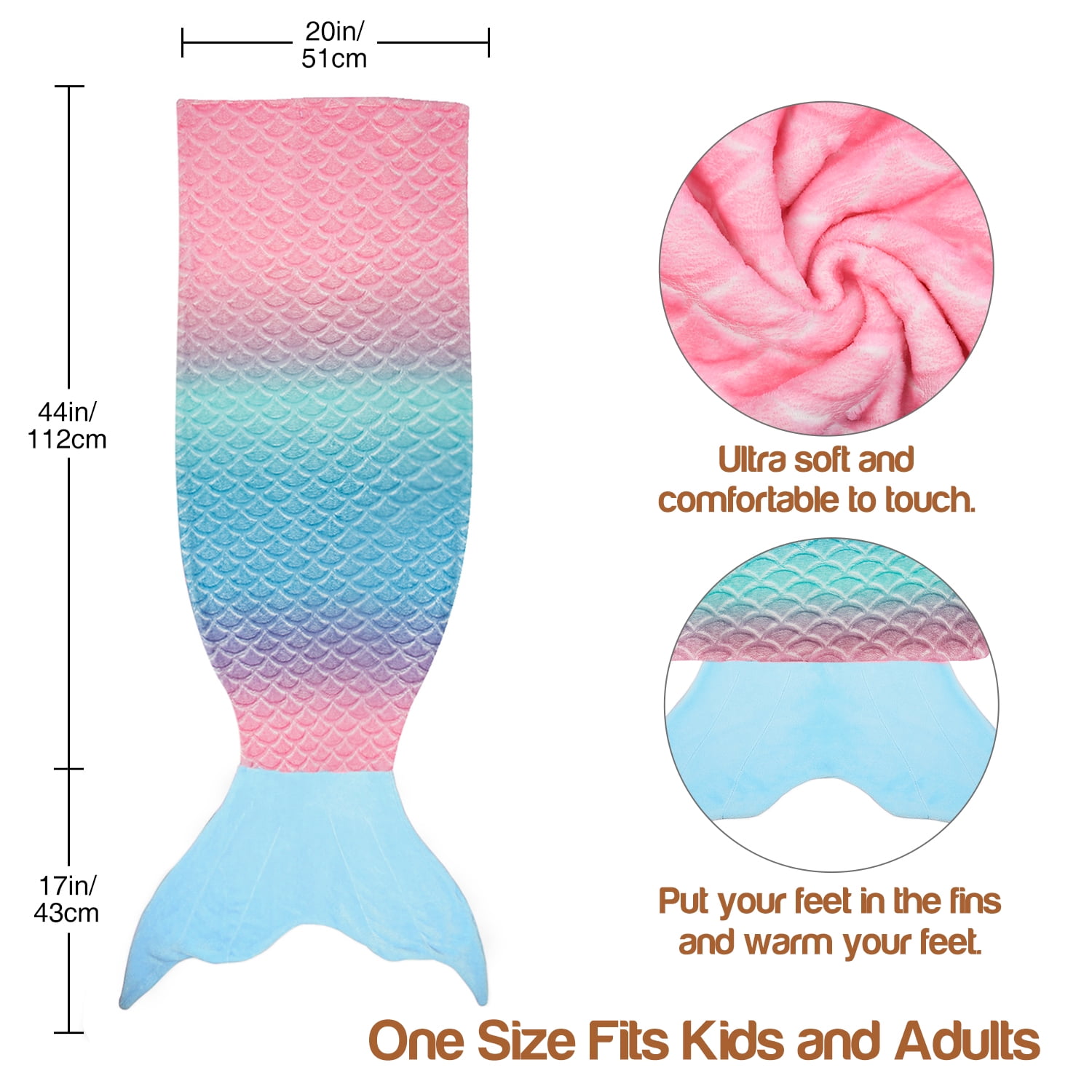 Catalonia Kids Mermaid Tail Blanket with Sleep Mask Super Soft Plush Sleeping Snuggle Blanket for Girls Fish Scale Pattern Gift Idea Rainbow Ombre