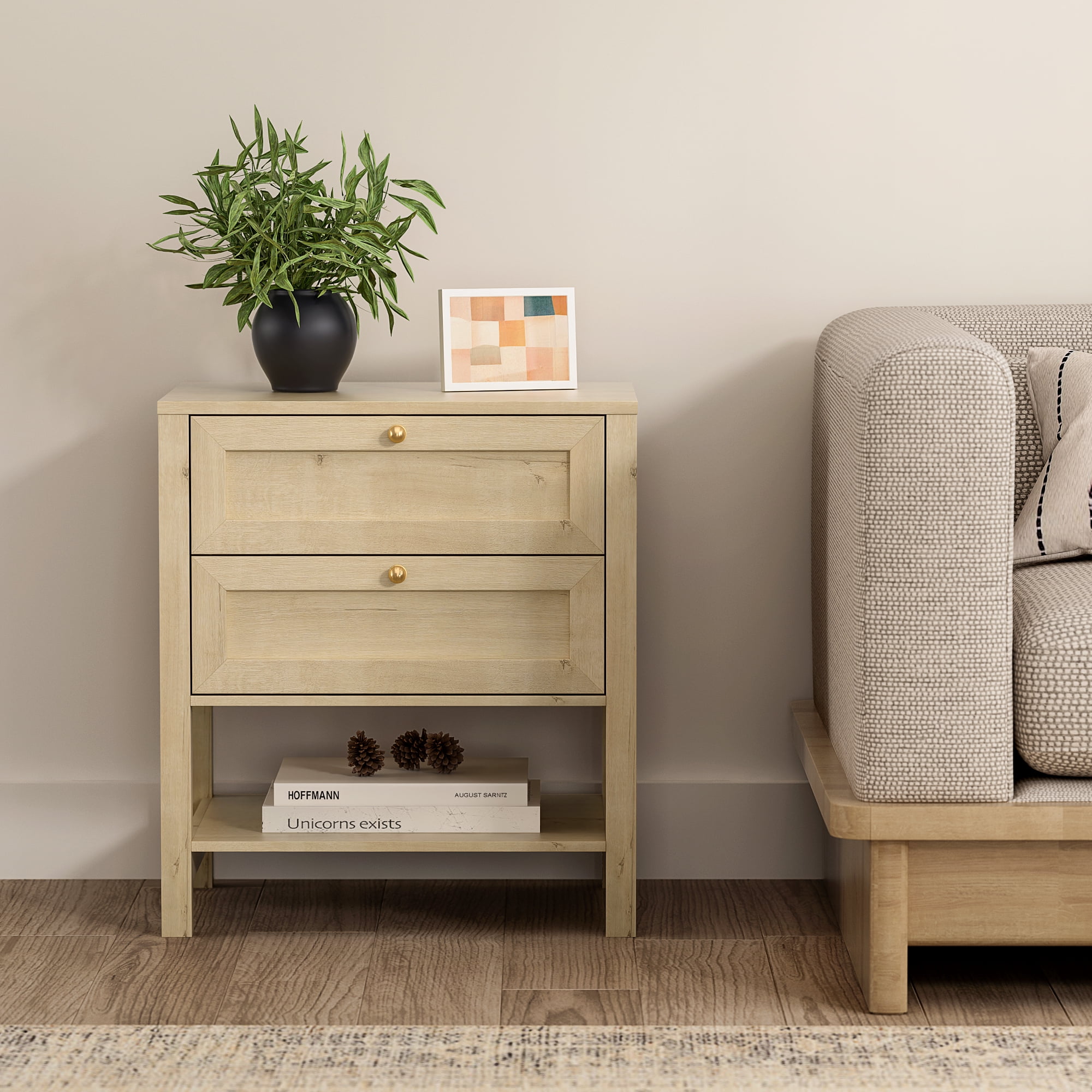 EYYTHUNG Farmhouse Nightstand Set of 2 with Drawer 24.4" Tall Modern Wood Bedside Table with Open Shelf, Large End Table, Light Oak