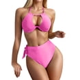 thumbnail image 4 of Womens Swimsuits Solid Color Hollow Out Halter Sexy Bra And High Waisted Panty Set Two Piece Tankinis Set Swimwears Bathing Suits,Pink,L, 4 of 6