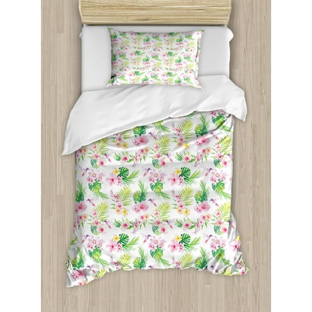 Luau Twin Size Duvet Cover Set Hawaiian Flower Branches With