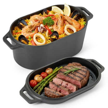 Daluvenix 2-in-1 Pre-Seasoned Cast Iron Dutch Oven Pot with Lid as Skillet 4.5 QT Oval Heavy Dutch Oven for Bread Baking Frying Camping BBQ,