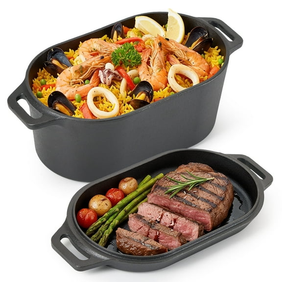 Daluvenix 2-in-1 Pre-Seasoned Cast Iron Dutch Oven Pot with Lid as Skillet 4.5 QT Oval Heavy Dutch Oven for Bread Baking Frying Camping BBQ,