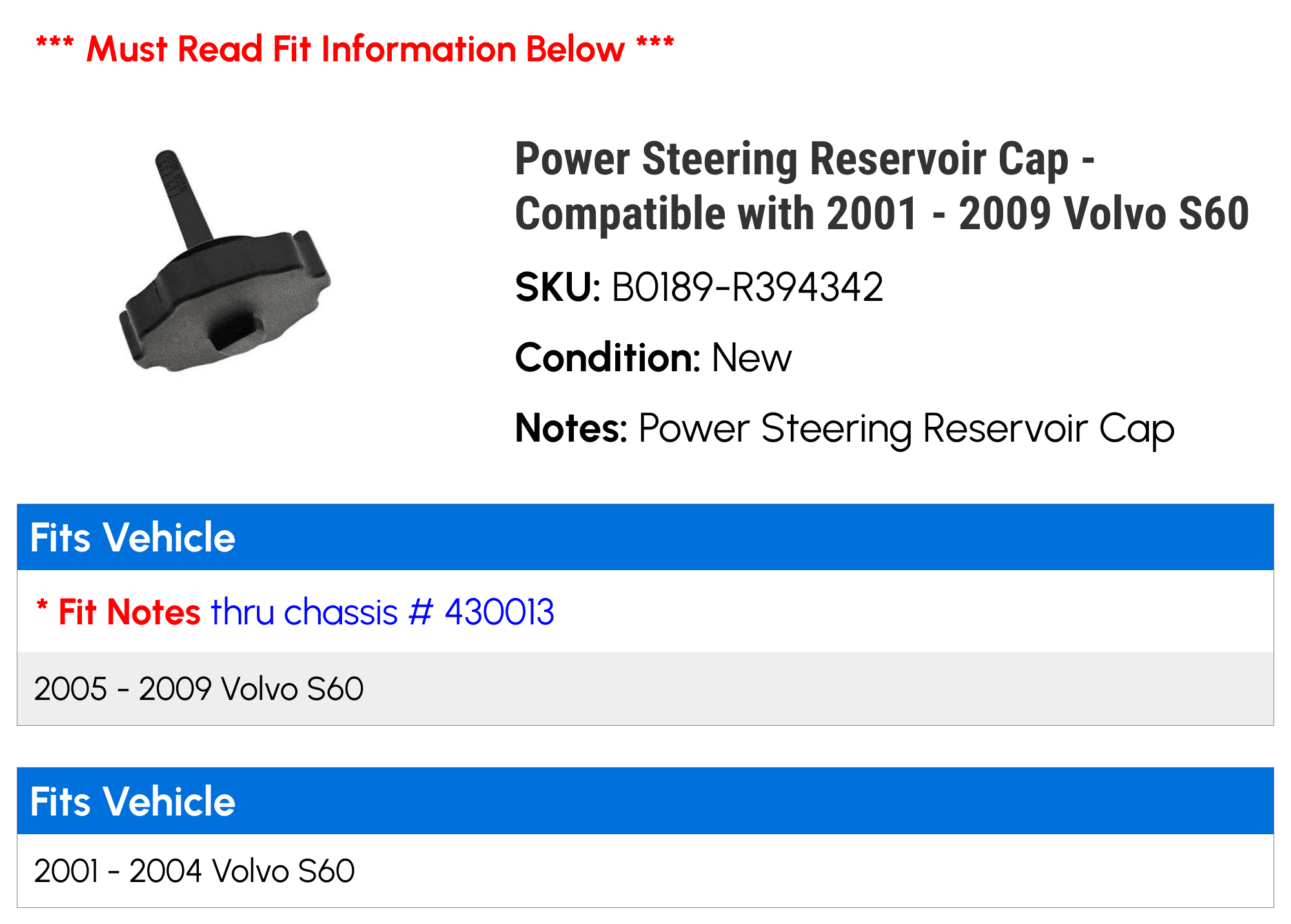 Power Steering Reservoir Cap - Compatible with 2001 - 2009 Volvo S60 2002 2003 2004 2005 2006 2007 2008