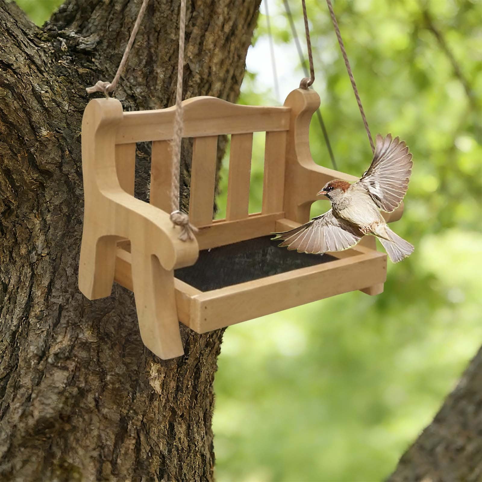 Wooden Swing Chair Bird Feeder, No Mess Bird Feeder, Swing Wild Bird Feeder Stand for Outside, Bird Cage Feeder, Whimsical Hanging Feeding Station for Garden Attracting Wild Birds 1Pcs