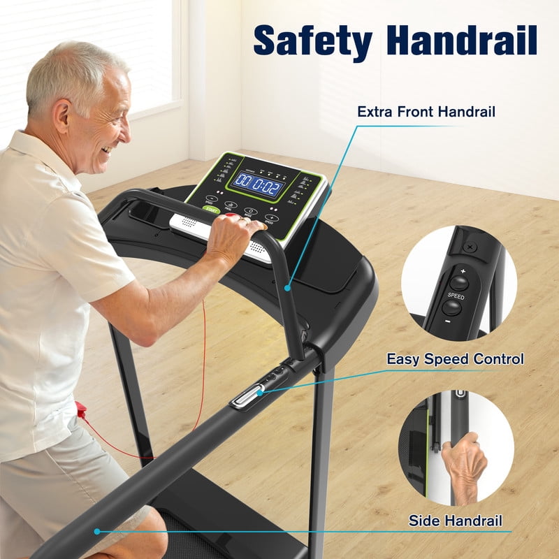 Rellysport Senior Treadmill for Elderly, 300 lbs Capacity Walking Treadmill with Long Side Handrails & Front Handrails