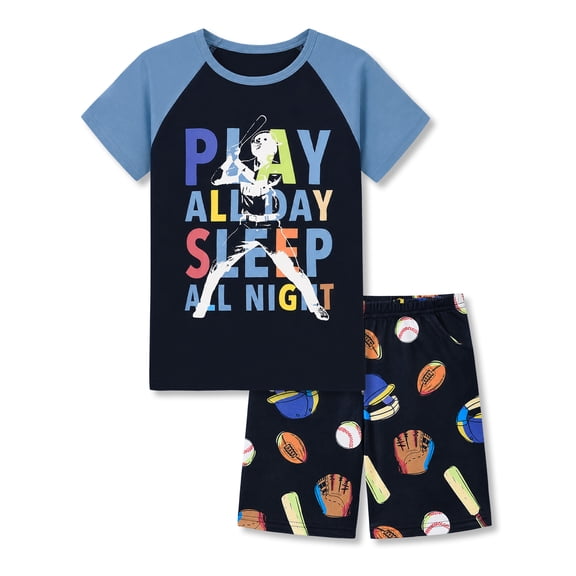 Beezizac Boys Summer Pajama Set, 2-Piece Raglan Sleeve Baseball Sports PJs - Short Sleeves & Shorts Soft Sleepwear Size 10