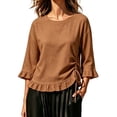 thumbnail image 2 of thefmos Women's Fall 3/4 Sleeve Ruffle Blouses Round Neck Drawstring Ruched Tops Casual Boho Pullover Shirts Solid Fashion Clothes for Vacation, Khaki S, 2 of 6