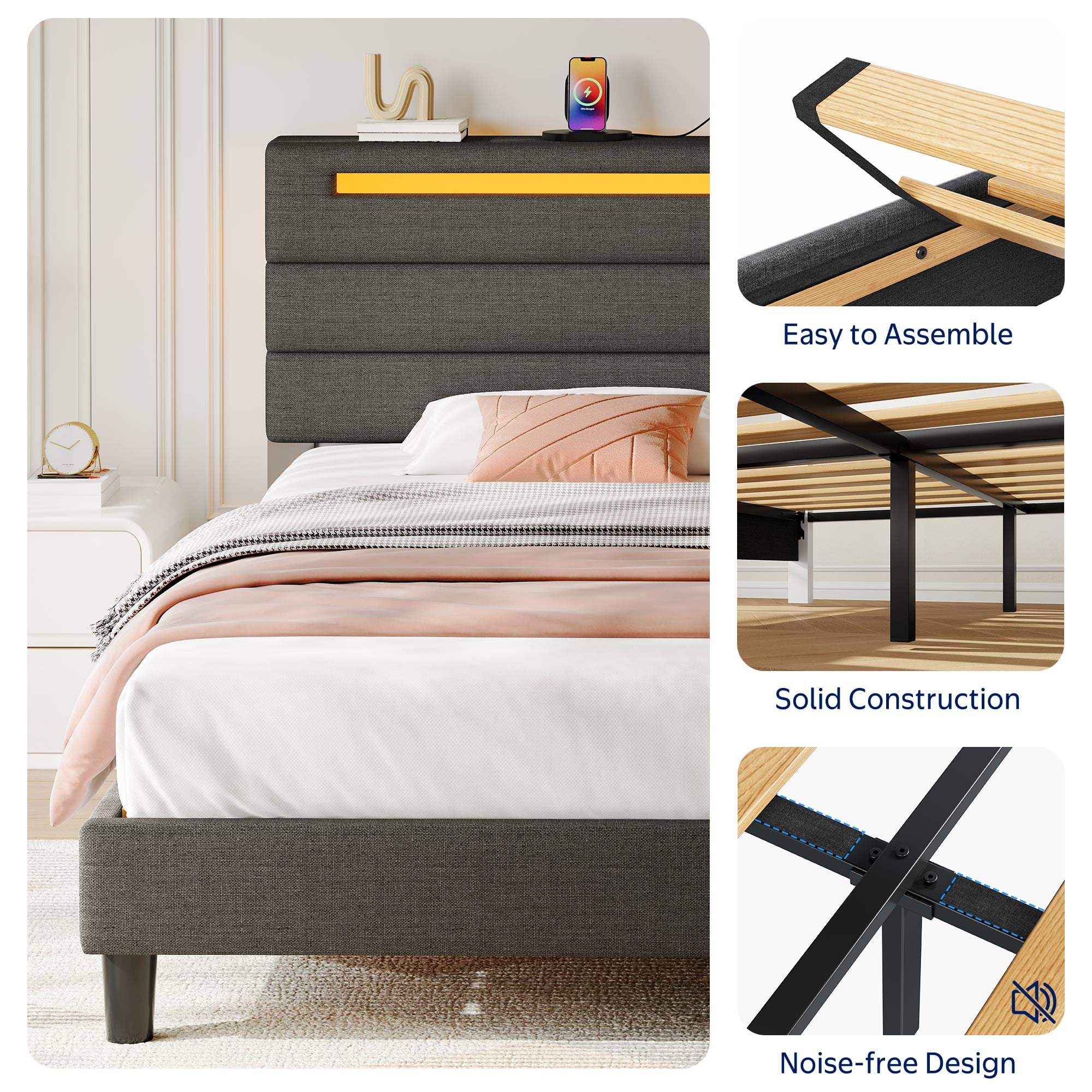 Greenstell Twin Size Bed Frame with Upholstered Storage Headboard and LED Light, Bed Platform with Charging Station, USB Ports, Under-bed Storage, Dark Gray
