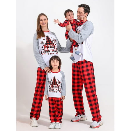 

SYNPOS Matching Family Pajamas Sets Christmas PJ s Letter Print Top and Plaid Pants Sleepwear