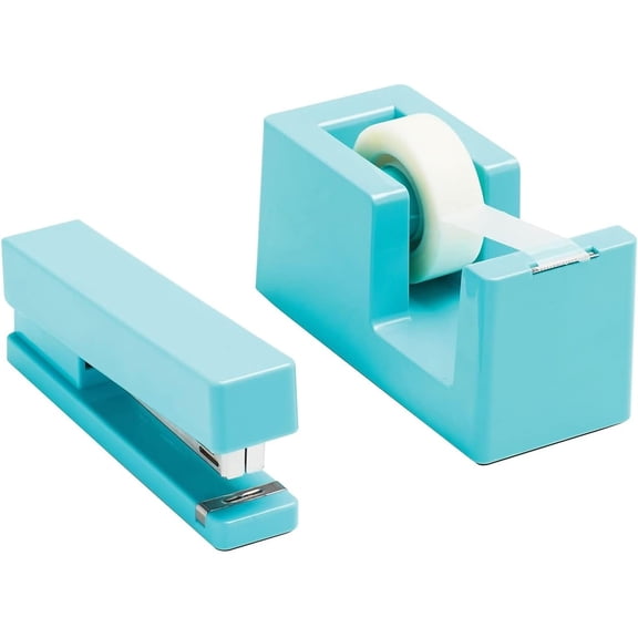 Poppin Dynamic Duo Stapler and Tape Dispenser Set - Aqua, Staple Up to 20 Sheets of Paper, Solid Weighted Core Tape Dispenser, Matching Lengths for an Even Setup