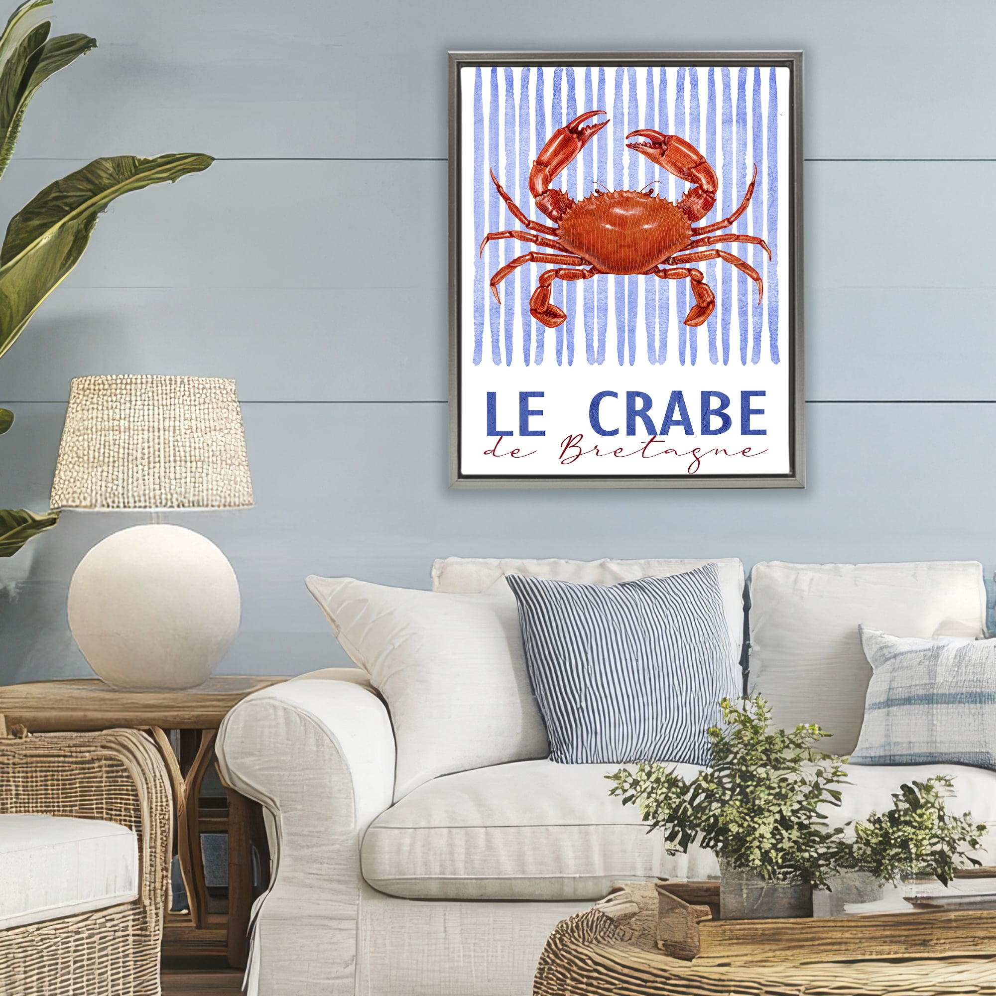 Stupell Industries Le Crabe Nautical Stripes Gray Framed Floater Canvas Wall Art, design by Kim Allen