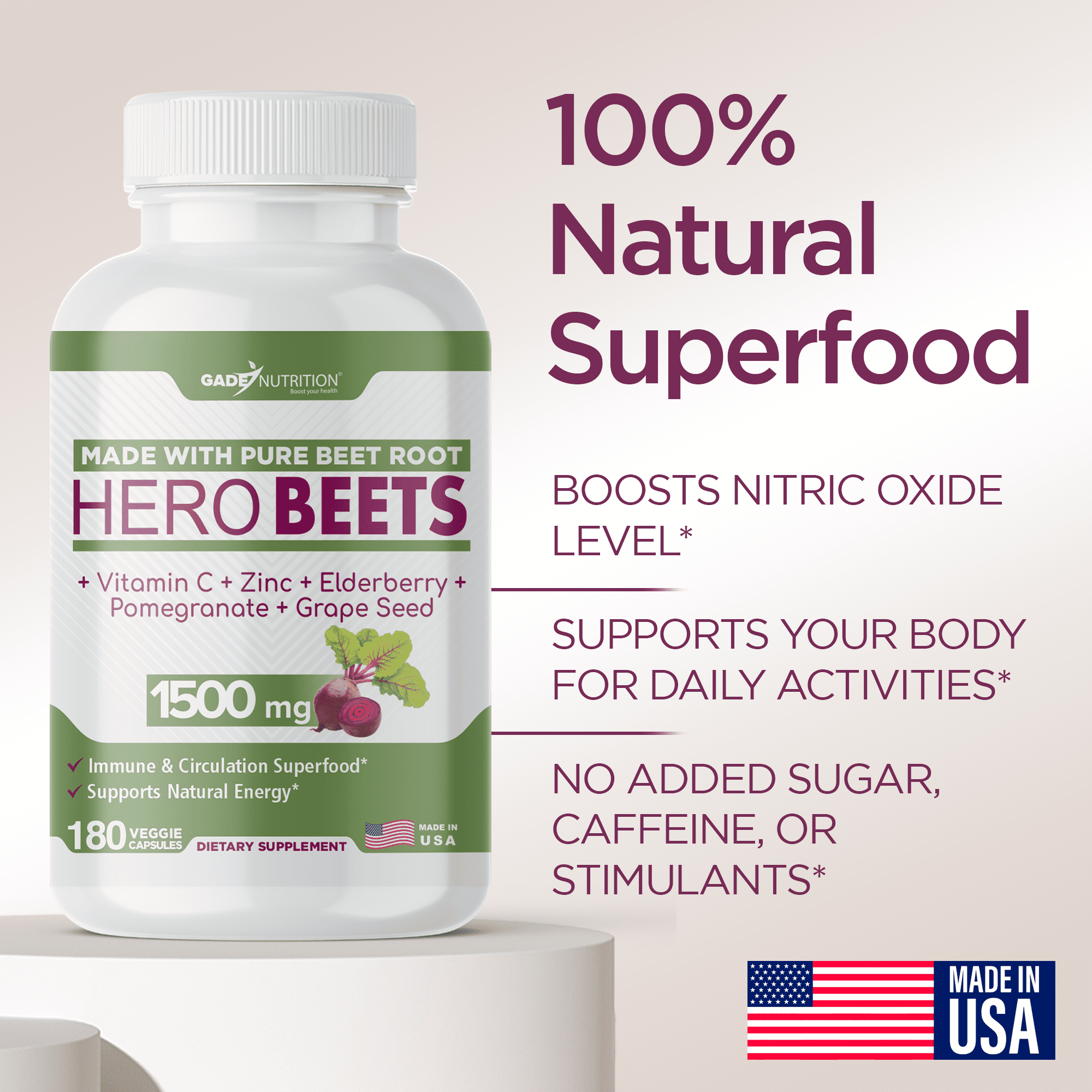 Gade Nutrition Organic Beet Root Capsules 1500 mg with Vitamin C, Zinc, Elderberry, Pomegranate & Grape Seed. Healthy Circulation Vitamins - 3 Months Supply