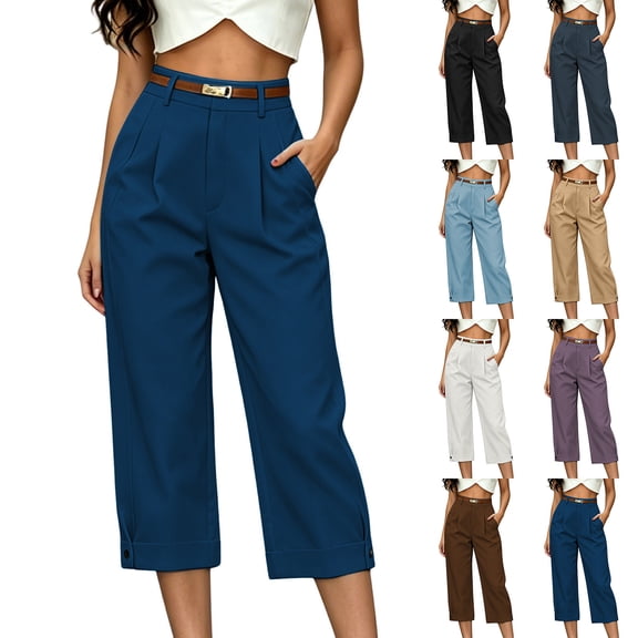 Women's Capri Suit Trousers High Waist Pleated Cropped Wide Leg Dress Pants with Pockets Business Casual office Work Cropped Pants White
