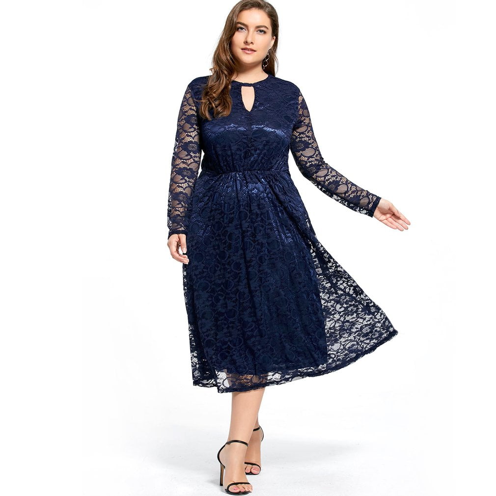 Charming Elegant Women Lace Solid Long Dress Casual Long Sleeve O Neck ...