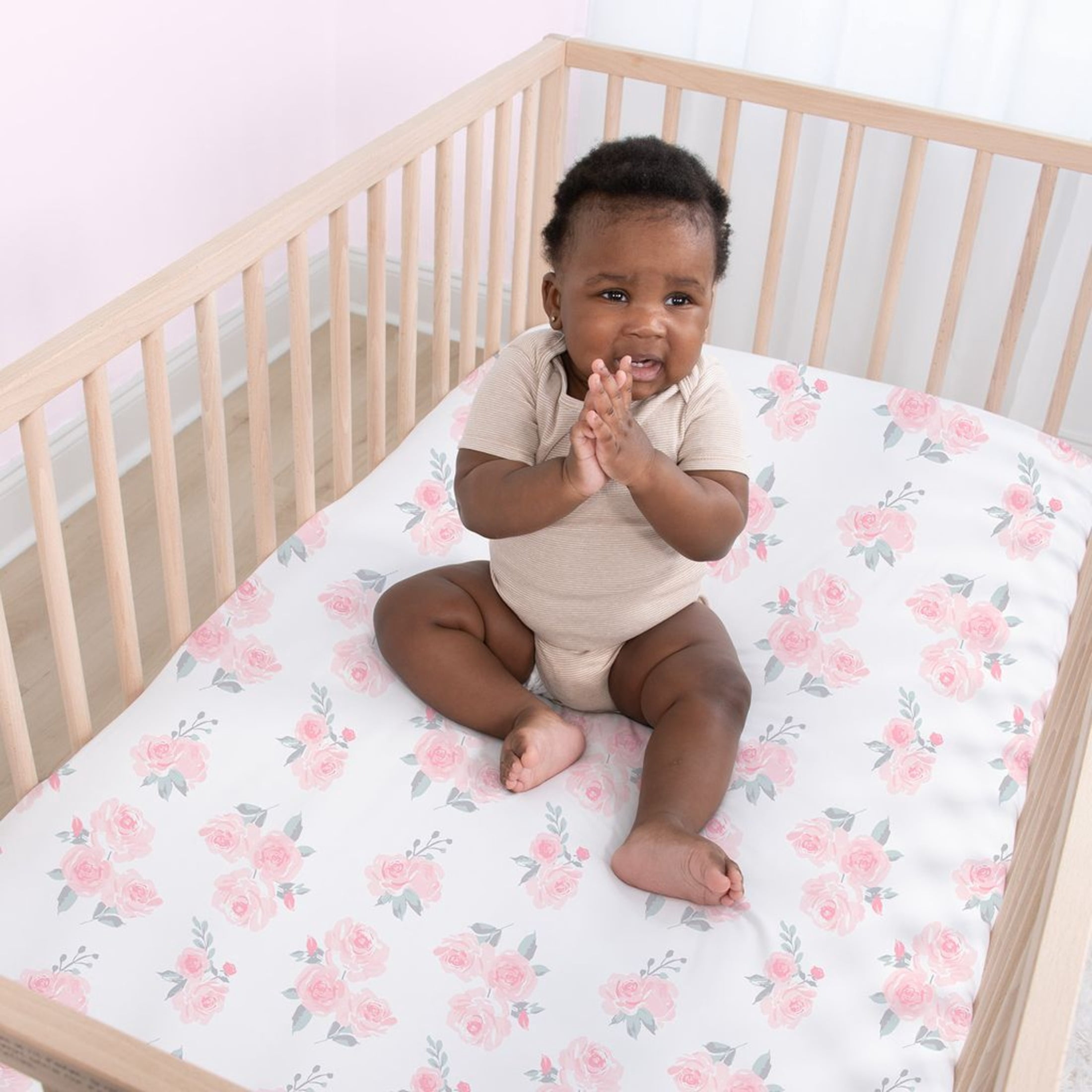 The Peanutshell Fitted Crib Sheet Set for Baby Girls, Pink Roses and Floral, 4 Pack Set