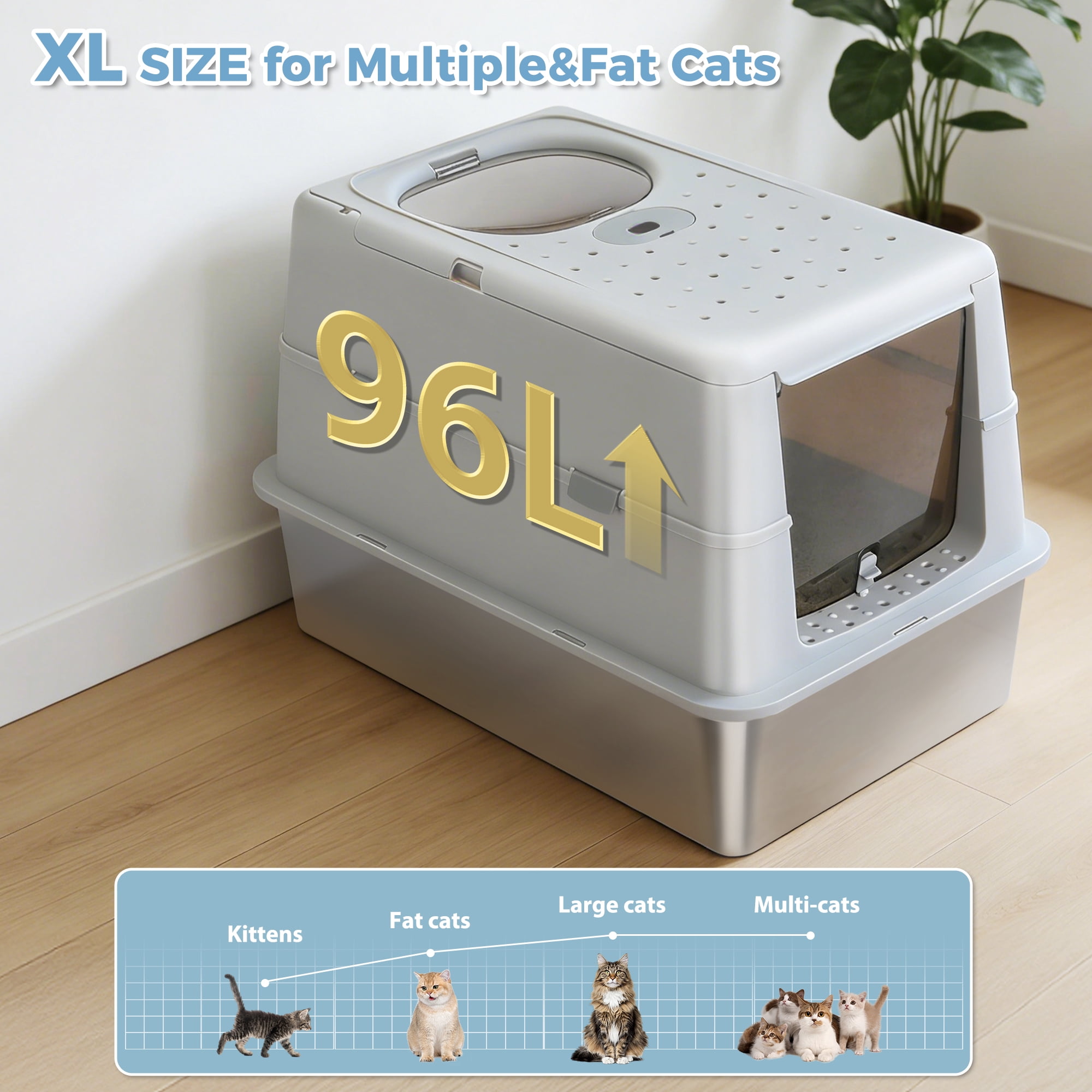 PAWZ Road Stainless Steel Litter Box, Enclosed Large Cat Litter Box with Scoop, Odor Control Easy Clean, Gray