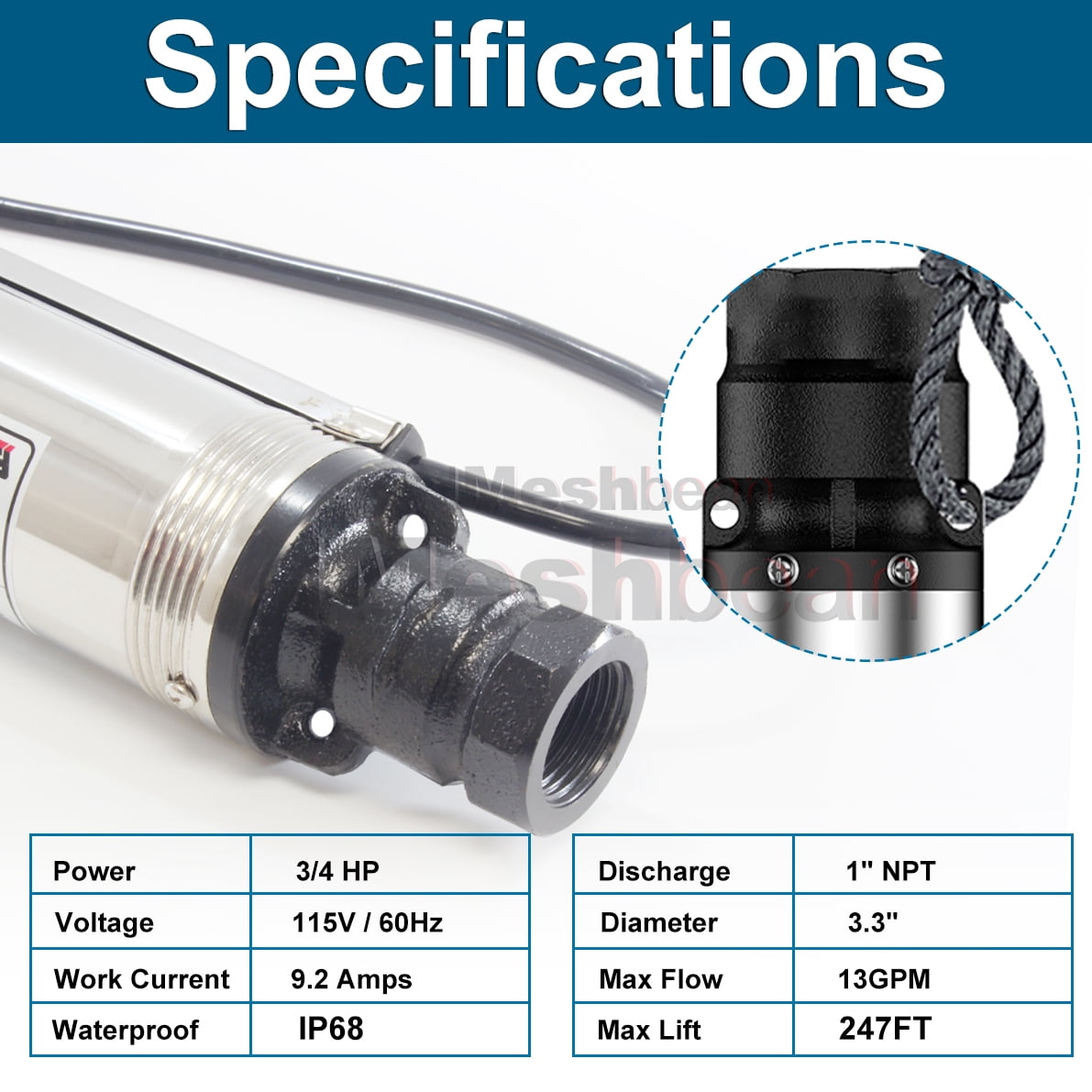 iMeshbean Deep Submersible Well Pump 3/4 HP Submersible Well Pump 110V 13GPM Water Pump 247ft Head with 33ft Electric Cable Stainless Steel Water Well Pumps Submersible for Irrigation Use