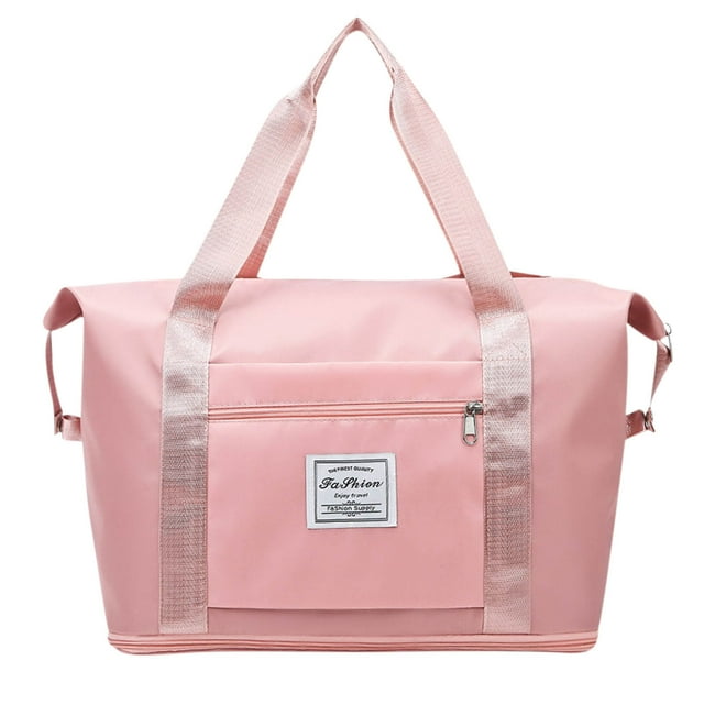 Pink Foldable Travel Tote Bag With Wet Dry Compartments Large Capacity And Shoulder Strap For Gym Sports Or Weekend Getaway 16.5X11X8.66 Inches
