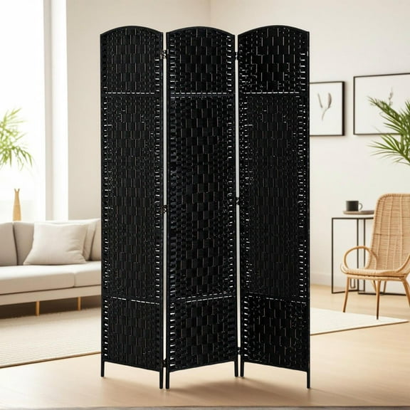 Resenkos 3-Panel Folding Room Divider Privacy Screen - 6FT Tall Portable Wicker Weave, for Bedroom/Home Office, Black