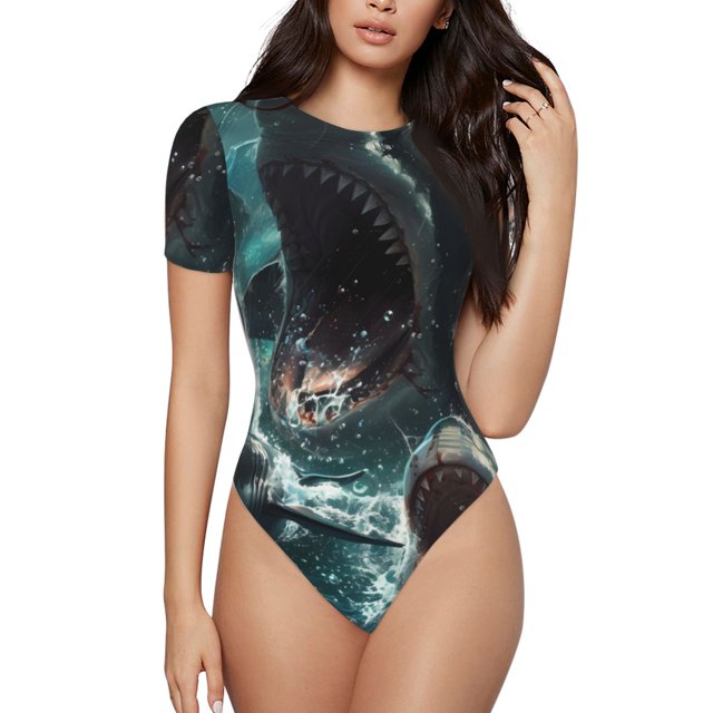 Cauagu Combinaison Quotidienne pour Femmes, Col Rond, Manches Courtes, Requin Animal Océanique, TG