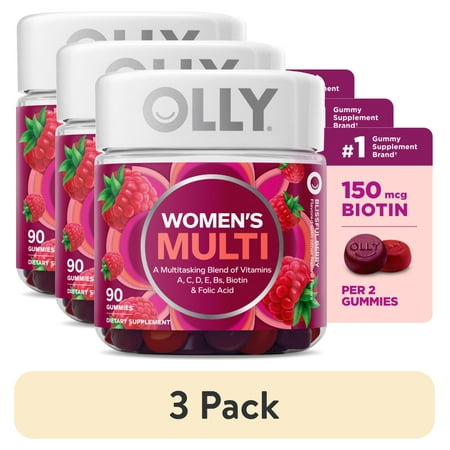 (3 pack) OLLY Women's Multivitamin Gummy Supplement, Vitamins A, D, C, E, Biotin, Folic Acid, 90 Ct