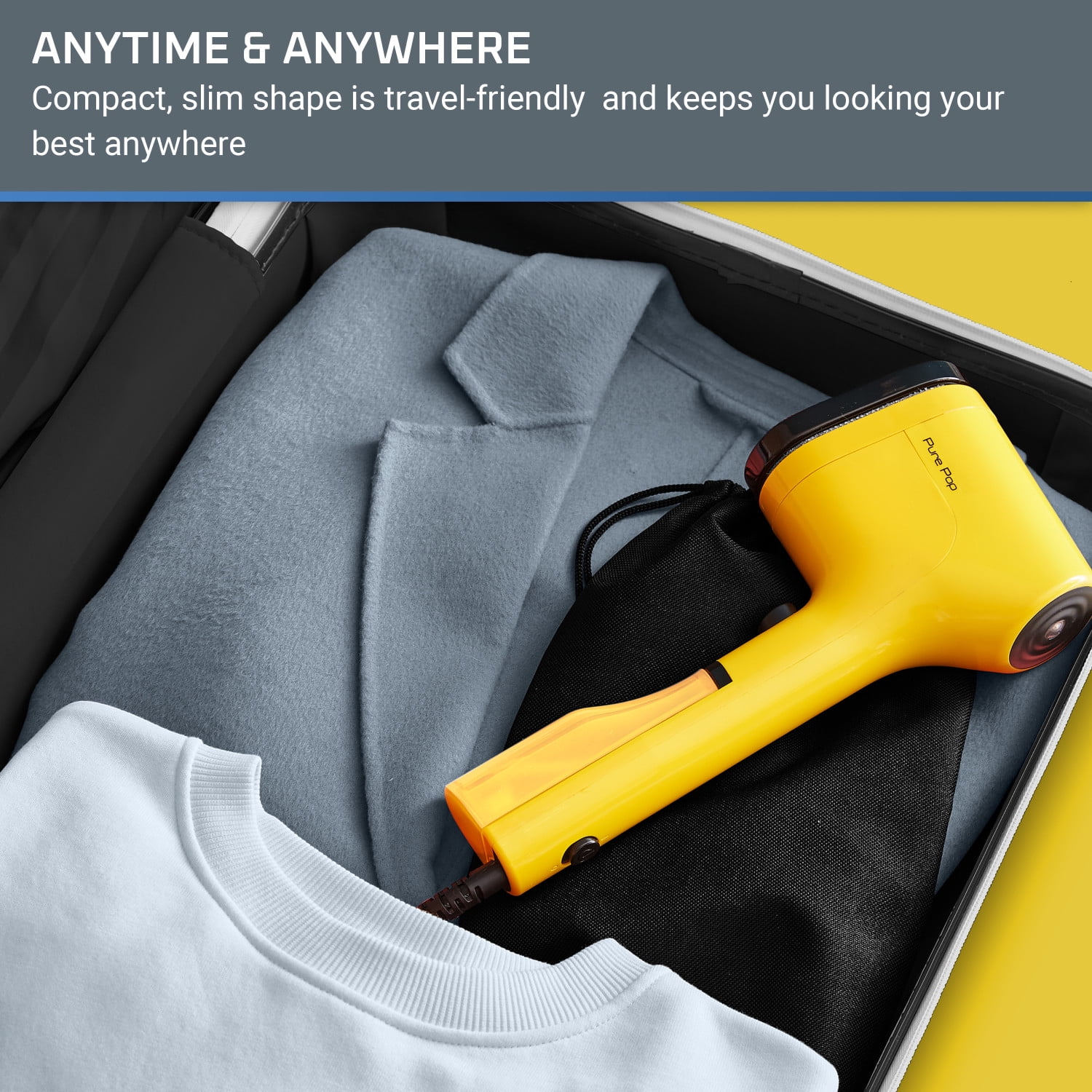 Rowenta PurePop Handheld Steamer for Clothes, 15 Second Heat Up, Travel, Garment Steamer, Yellow, DR2026U1
