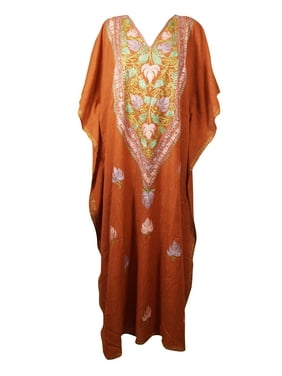 Mogul Women Brown Embellished Maxi Dress, Kimono Caftan, Housedress Cotton Cover up, Kaftan, Lounger, Resort Wear Plus Size