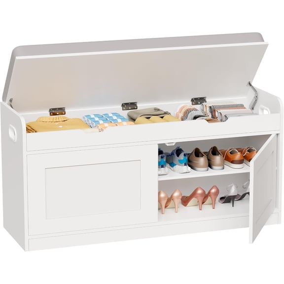 2-Tier Storage Bench, 39.4" Wide Shoe Bench with Lift-Up Top, Cushion, Handleless Doors, Adjustable Shelf for Entryway, Bedroom, White