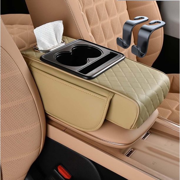 Genérico Multifunctional PU Leather Car Armrest Box Mat, Car Armrest Cushion, Center Console Cover with 2 Cup Holder, Tissue Box Slot for Most Cars (Beige)