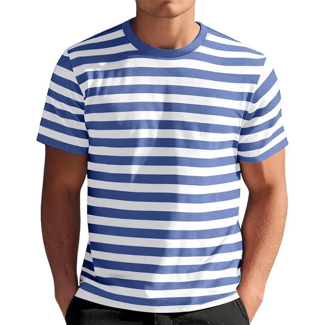 T-Shirt Décontracté à Rayures pour Hommes, Col Rond, Manches Courtes, Tissu Doux, Été, Décontracté et Décontracté, Bleu, m