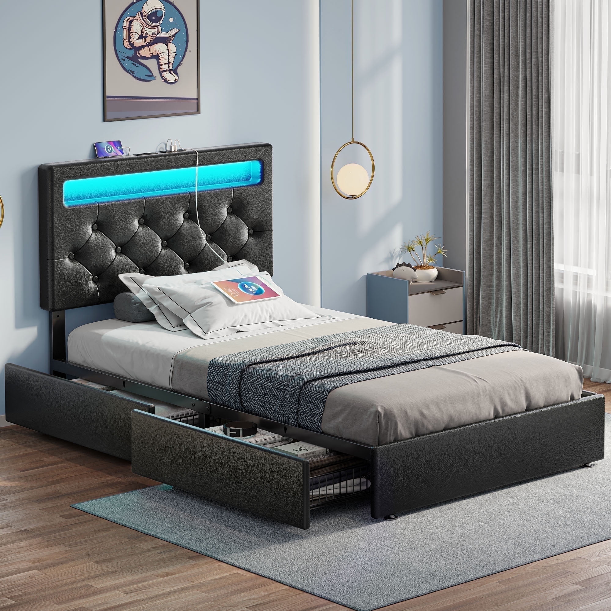 Greenstell Twin Bed Frame with 4 Drawers, Upholstered Platform Bed with LED Adjustable Storage headboard & Charging Station, Black
