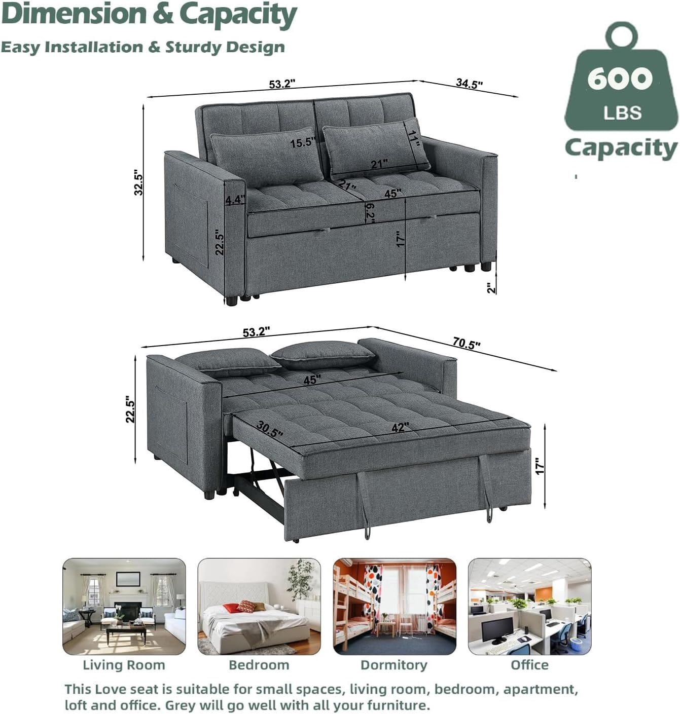 53'' Upholstered Convertible Loveseat Sleeper Sofa Bed for Apartment, Living Room, Office, Dark Gray